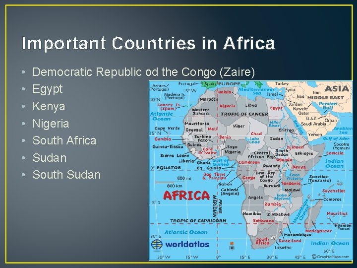 Important Countries in Africa • • Democratic Republic od the Congo (Zaire) Egypt Kenya