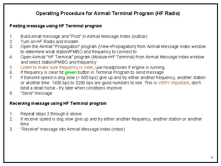 Operating Procedure for Airmail Terminal Program (HF Radio) Posting message using HF Terminal program