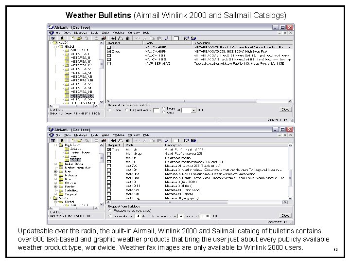 Weather Bulletins (Airmail Winlink 2000 and Sailmail Catalogs) Updateable over the radio, the built-in