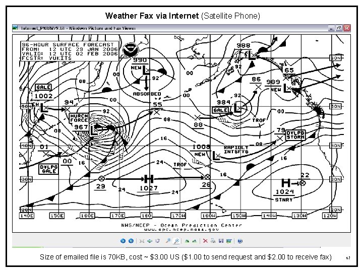 Weather Fax via Internet (Satellite Phone) Size of emailed file is 70 KB, cost