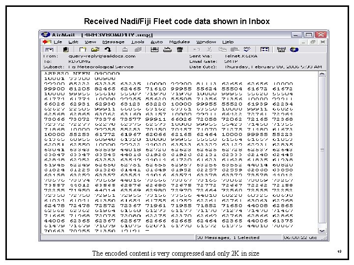 Received Nadi/Fiji Fleet code data shown in Inbox The encoded content is very compressed