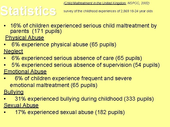 Statistics (Child Maltreatment in the United Kingdom, NSPCC, 2002) survey of the childhood experiences