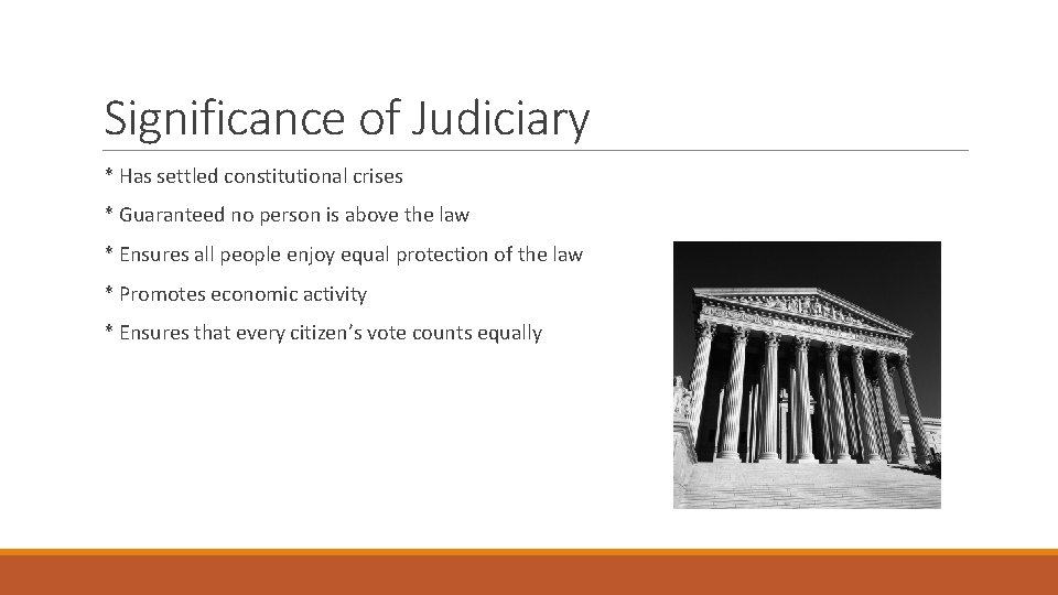 Significance of Judiciary * Has settled constitutional crises * Guaranteed no person is above