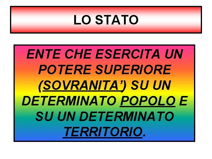 LO STATO ENTE CHE ESERCITA UN POTERE SUPERIORE (SOVRANITA’) SU UN DETERMINATO POPOLO E
