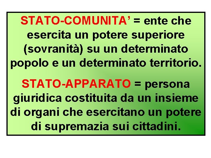 STATO-COMUNITA’ = ente che esercita un potere superiore (sovranità) su un determinato popolo e