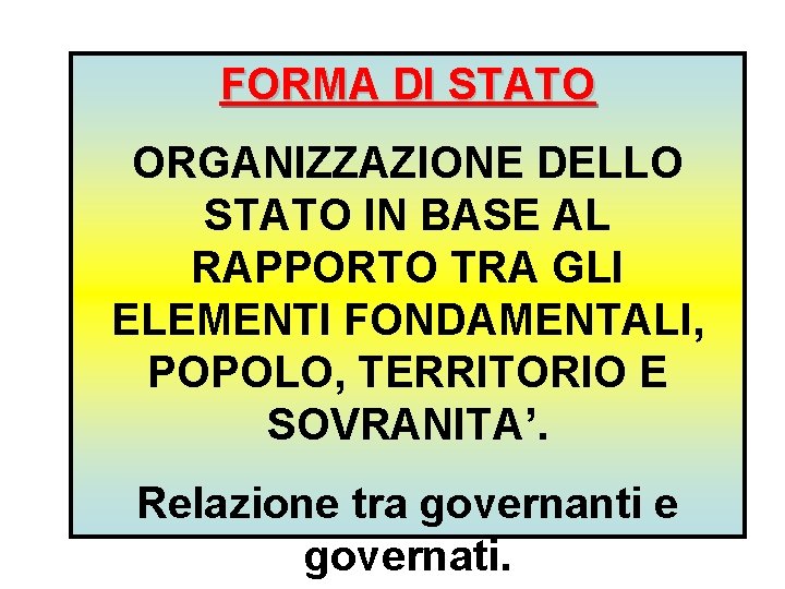 FORMA DI STATO ORGANIZZAZIONE DELLO STATO IN BASE AL RAPPORTO TRA GLI ELEMENTI FONDAMENTALI,