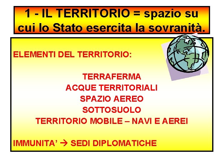 1 - IL TERRITORIO = spazio su cui lo Stato esercita la sovranità. ELEMENTI