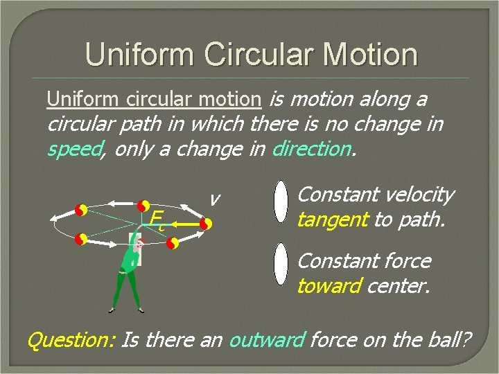 Uniform Circular Motion Uniform circular motion is motion along a circular path in which