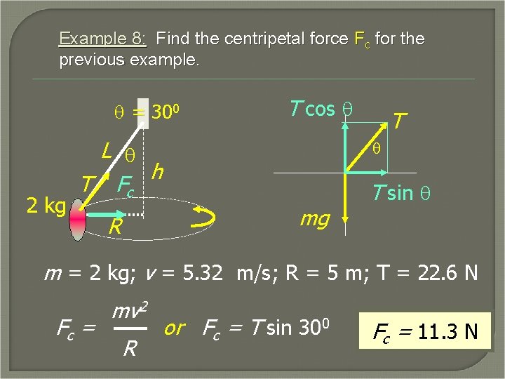 Example 8: Find the centripetal force Fc for the previous example. q = 300