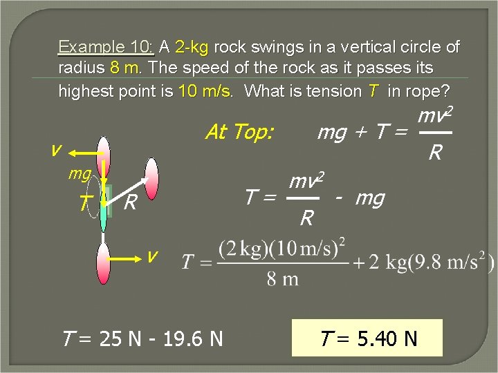 Example 10: A 2 -kg rock swings in a vertical circle of radius 8