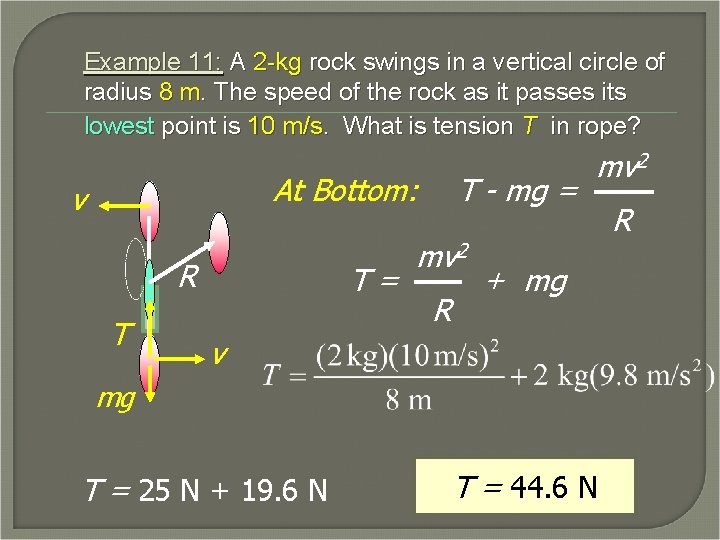 Example 11: A 2 -kg rock swings in a vertical circle of radius 8