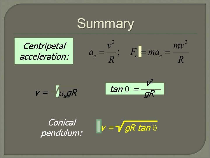 Summary Centripetal acceleration: v= msg. R Conical pendulum: v 2 tan q = g.