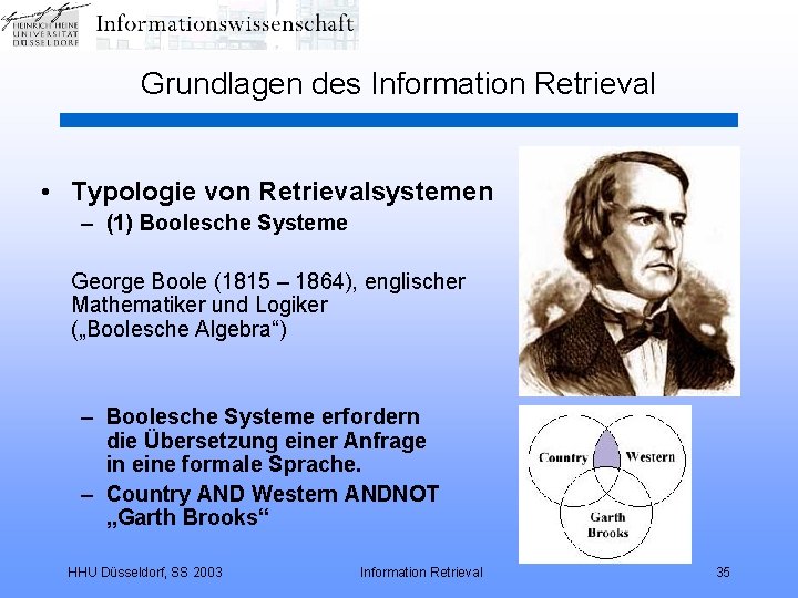 Grundlagen des Information Retrieval • Typologie von Retrievalsystemen – (1) Boolesche Systeme George Boole