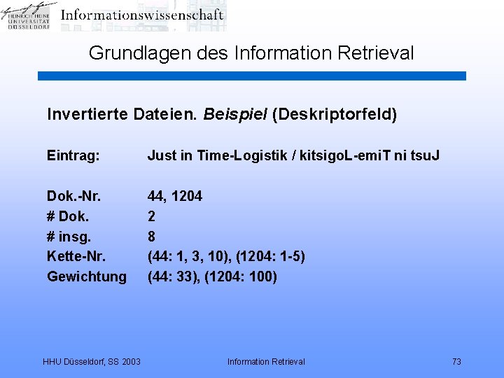 Grundlagen des Information Retrieval Invertierte Dateien. Beispiel (Deskriptorfeld) Eintrag: Just in Time-Logistik / kitsigo.