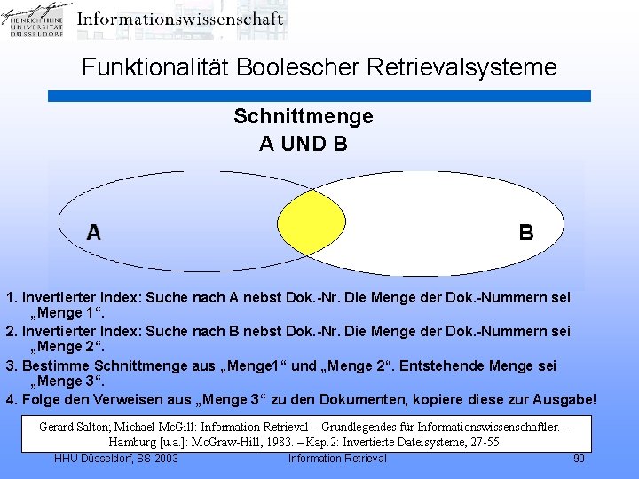 Funktionalität Boolescher Retrievalsysteme Schnittmenge A UND B 1. Invertierter Index: Suche nach A nebst