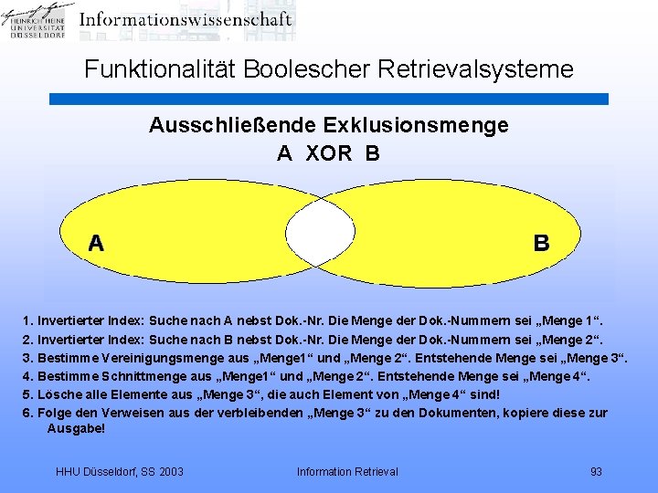 Funktionalität Boolescher Retrievalsysteme Ausschließende Exklusionsmenge A XOR B 1. Invertierter Index: Suche nach A