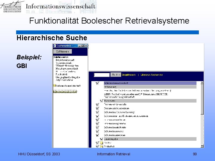 Funktionalität Boolescher Retrievalsysteme Hierarchische Suche Beispiel: GBI HHU Düsseldorf, SS 2003 Information Retrieval 99