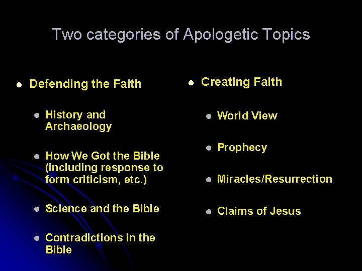 Two categories of Apologetic Topics l Defending the Faith l l History and Archaeology