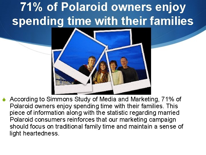71% of Polaroid owners enjoy spending time with their families S According to Simmons