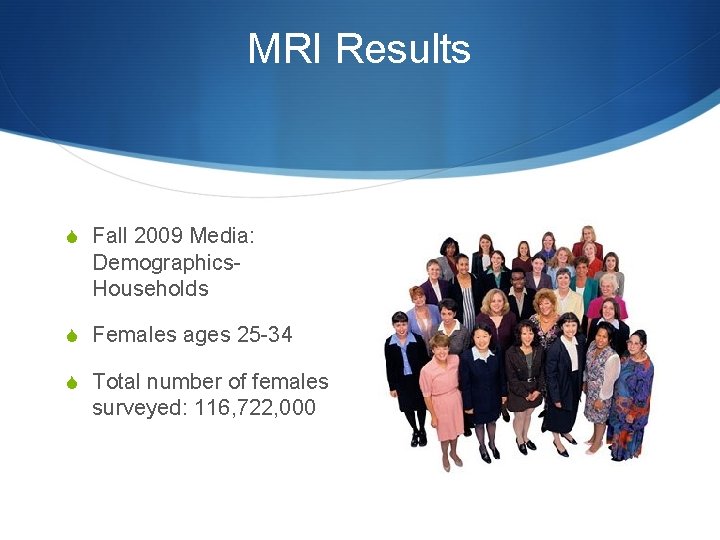 MRI Results S Fall 2009 Media: Demographics. Households S Females ages 25 -34 S
