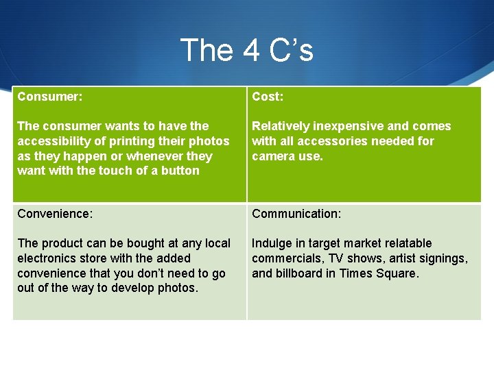 The 4 C’s Consumer: Cost: The consumer wants to have the accessibility of printing
