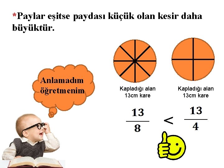 *Paylar eşitse paydası küçük olan kesir daha büyüktür. Anlamadım öğretmenim Kapladığı alan 13 cm