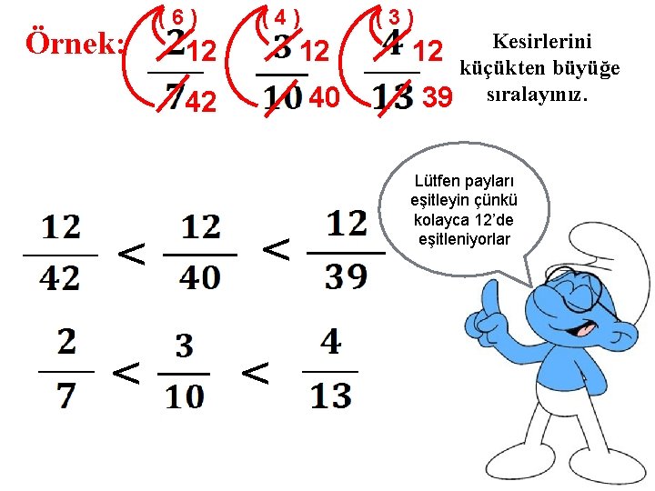 Örnek: (6) (4) 12 12 40 42 < < (3) < < Kesirlerini küçükten