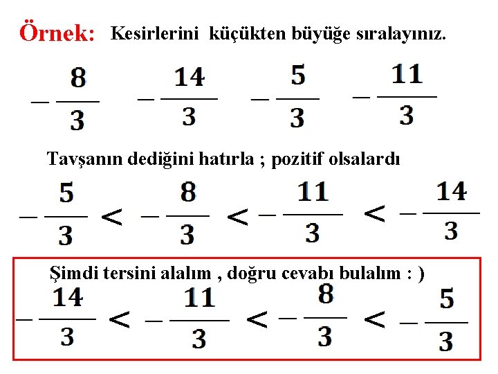 Örnek: Kesirlerini küçükten büyüğe sıralayınız. Tavşanın dediğini hatırla ; pozitif olsalardı < < <