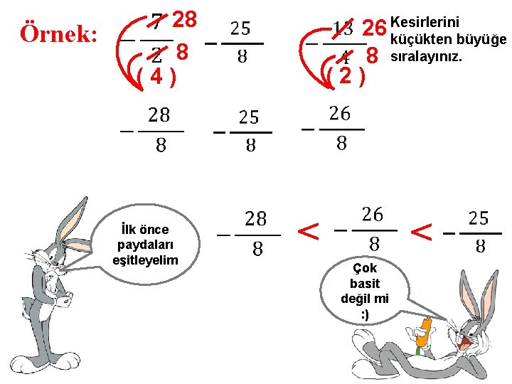 Örnek: 28 8 (4) İlk önce paydaları eşitleyelim 26 Kesirlerini küçükten büyüğe 8 sıralayınız.