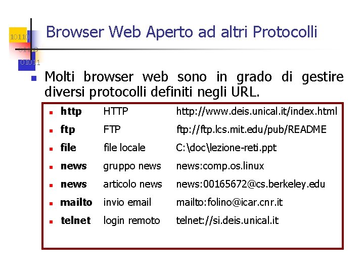 Browser Web Aperto ad altri Protocolli 101100 01011 n Molti browser web sono in