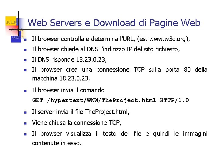 Web Servers e Download di Pagine Web 101100 01011 n Il browser controlla e