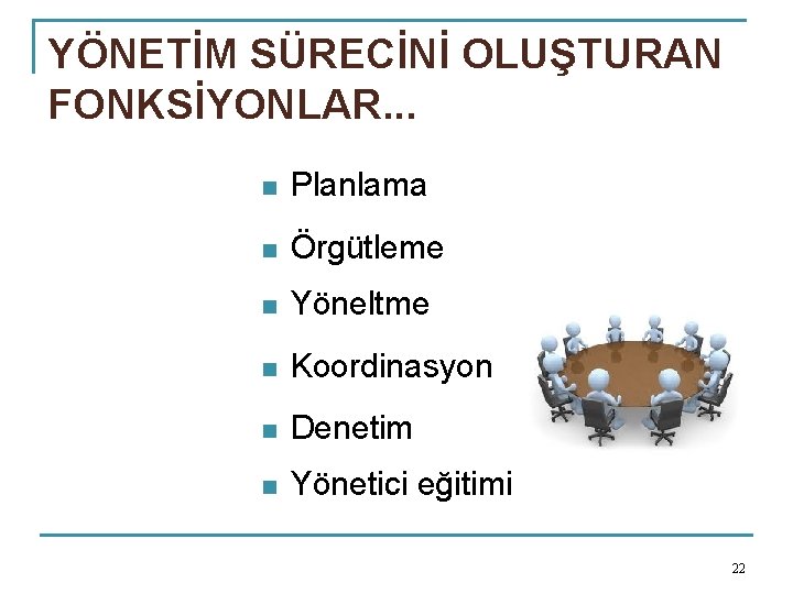 YÖNETİM SÜRECİNİ OLUŞTURAN FONKSİYONLAR. . . n Planlama n Örgütleme n Yöneltme n Koordinasyon