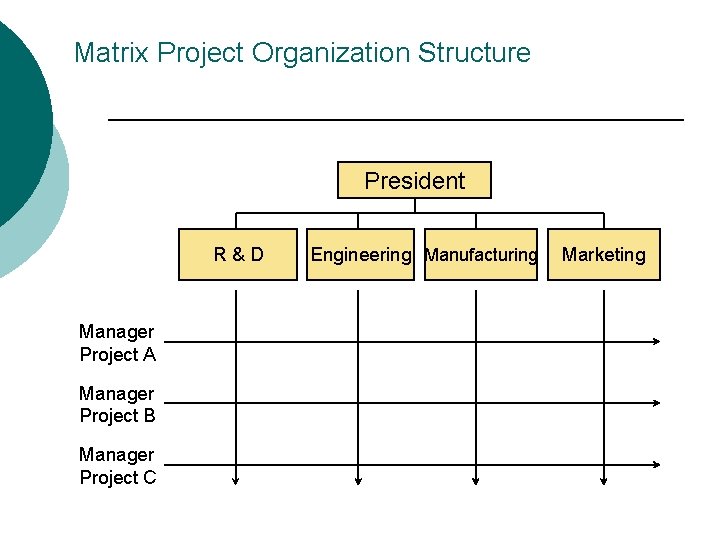 Matrix Project Organization Structure President R&D Manager Project A Manager Project B Manager Project