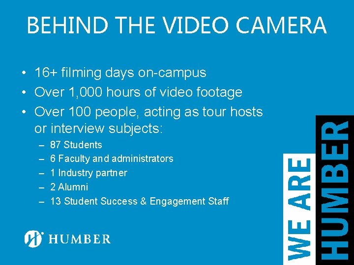 BEHIND THE VIDEO CAMERA • 16+ filming days on-campus • Over 1, 000 hours