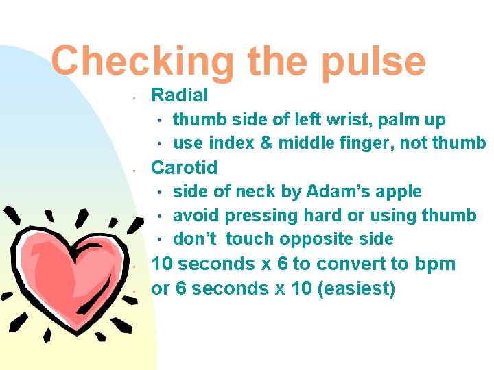 Checking the pulse • Radial • • • Carotid • • • thumb side