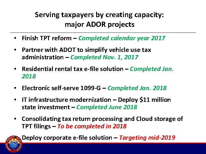 Serving taxpayers by creating capacity: major ADOR projects • Finish TPT reform – Completed