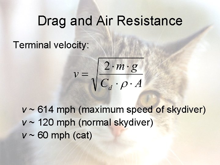 Drag and Air Resistance Terminal velocity: v ~ 614 mph (maximum speed of skydiver)