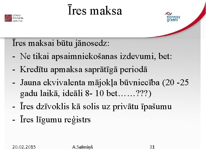 Īres maksai būtu jānosedz: - Ne tikai apsaimniekošanas izdevumi, bet: - Kredītu apmaksa saprātīgā