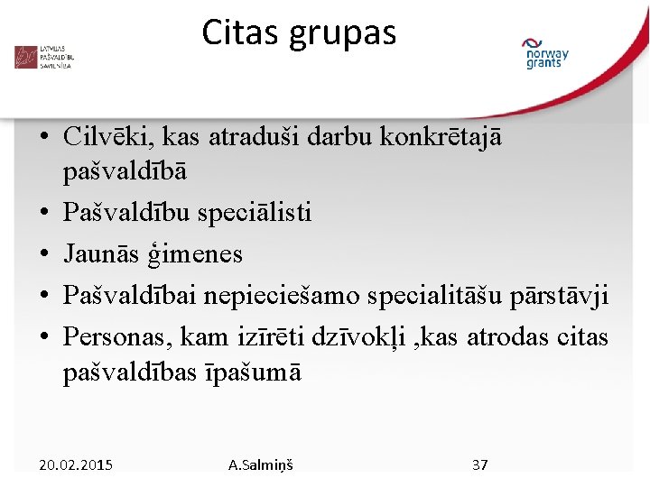 Citas grupas • Cilvēki, kas atraduši darbu konkrētajā pašvaldībā • Pašvaldību speciālisti • Jaunās