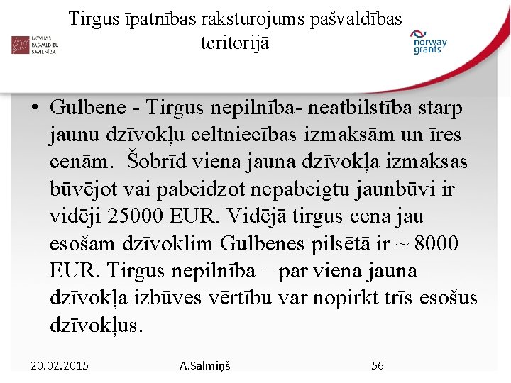 Tirgus īpatnības raksturojums pašvaldības teritorijā • Gulbene - Tirgus nepilnība- neatbilstība starp jaunu dzīvokļu