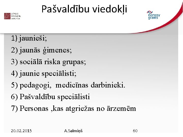 Pašvaldību viedokļi 1) jaunieši; 2) jaunās ģimenes; 3) sociālā riska grupas; 4) jaunie speciālisti;