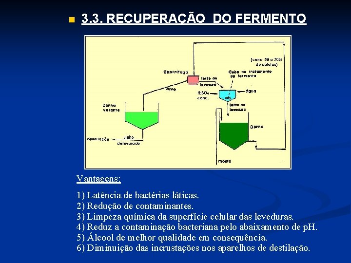 n 3. 3. RECUPERAÇÃO DO FERMENTO Vantagens: 1) Latência de bactérias láticas. 2) Redução