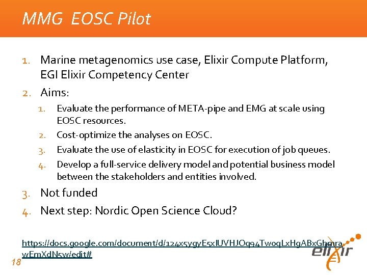 MMG EOSC Pilot 1. Marine metagenomics use case, Elixir Compute Platform, EGI Elixir Competency