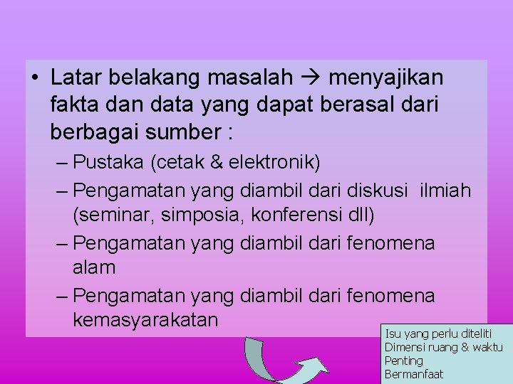  • Latar belakang masalah menyajikan fakta dan data yang dapat berasal dari berbagai