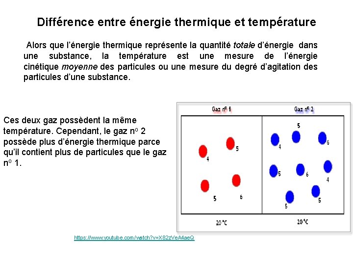 Différence entre énergie thermique et température Alors que l’énergie thermique représente la quantité totale