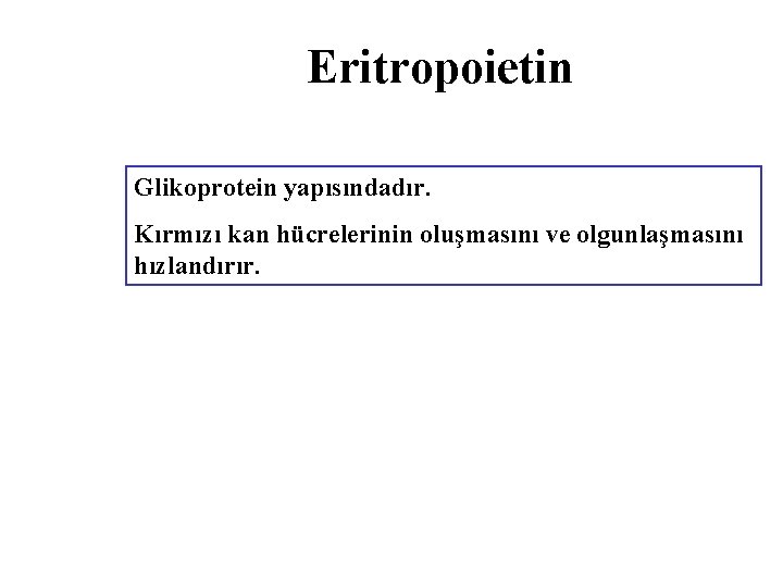 Eritropoietin Glikoprotein yapısındadır. Kırmızı kan hücrelerinin oluşmasını ve olgunlaşmasını hızlandırır. 