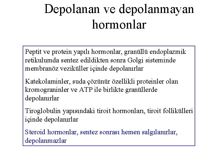 Depolanan ve depolanmayan hormonlar Peptit ve protein yapılı hormonlar, granüllü endoplazmik retikulumda sentez edildikten