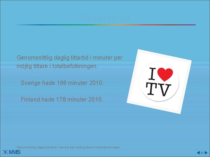 Visste ni att… Genomsnittlig daglig tittartid i minuter per möjlig tittare i totalbefolkningen. •