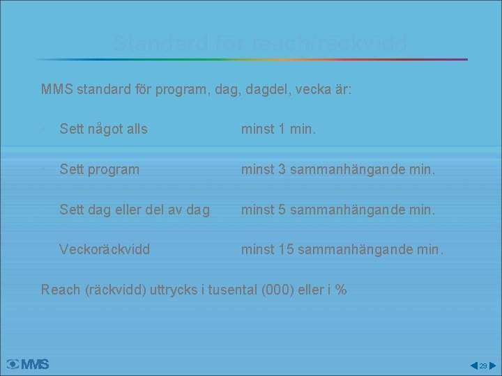 Standard för reach/räckvidd MMS standard för program, dagdel, vecka är: • Sett något alls