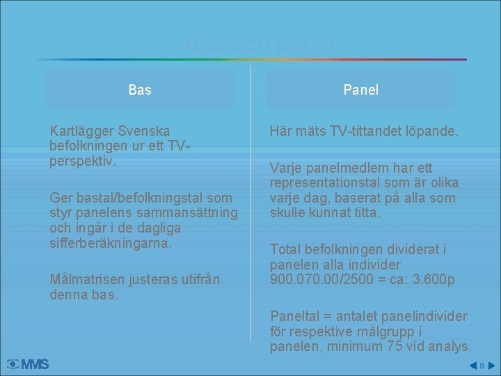 Bas och panel Bas • Kartlägger Svenska befolkningen ur ett TVperspektiv. • Ger bastal/befolkningstal